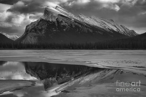 Vermilion Lakes Art Print featuring the photograph Winter Rundle Refelctions Black And White by Adam Jewell
