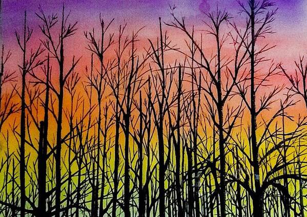 Trees Art Print featuring the painting Winter trees at sunset by Ellen Canfield