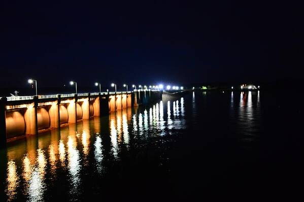 Nighttime Art Print featuring the photograph Wolf Creek Dam Nightlights Reflection by Stacie Siemsen