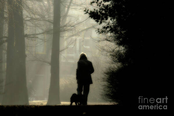 Morning Art Print featuring the photograph Woman walking dog by Patricia Hofmeester
