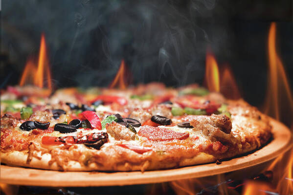 Background Art Print featuring the photograph Wood Fired Pizza With Flames by Good Focused