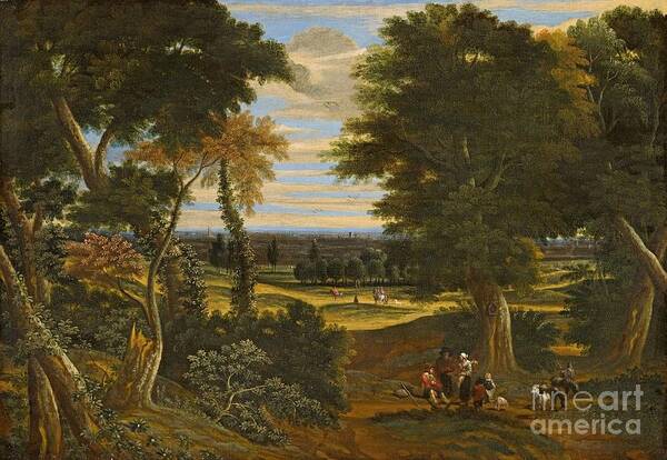 Jacques D' Arthois Art Print featuring the painting Wooded Landscape With Shepherds And Horsemen by MotionAge Designs