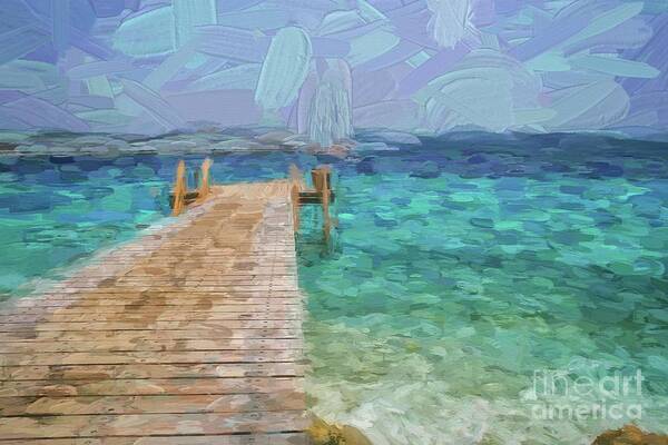 Boat Art Print featuring the digital art Wooden jetty and boat by Patricia Hofmeester