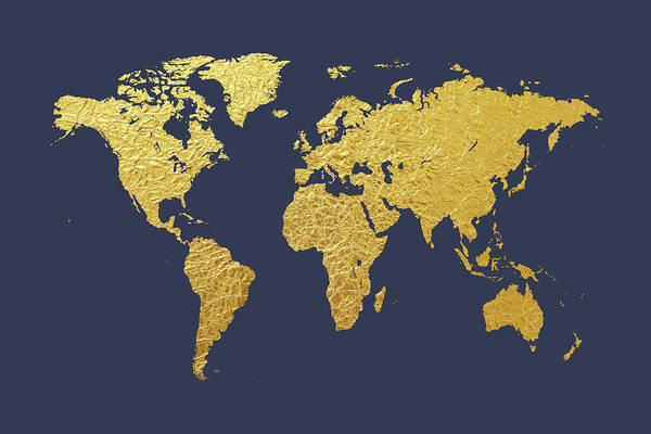 World Map Art Print featuring the digital art World Map Gold Foil by Michael Tompsett