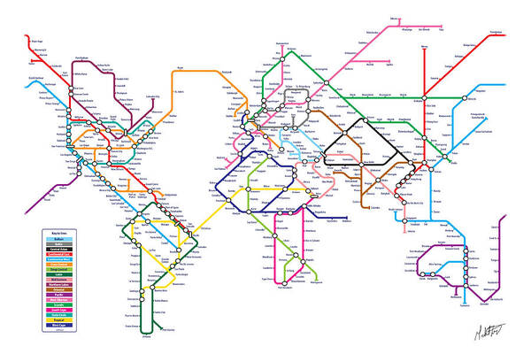 World Map Art Print featuring the digital art World Metro Tube Subway Map by Michael Tompsett