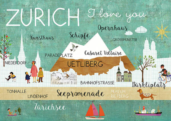Zurich I Love You Art Print featuring the mixed media Zurich I love you by Claudia Schoen