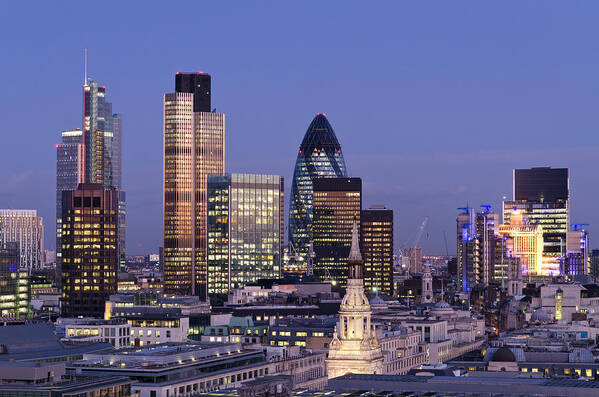 Financial Building Art Print featuring the photograph City Of London Skyscrapers At Dusk #1 by Dynasoar