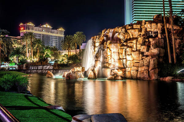 Vegas Art Print featuring the photograph Mirage Hotel Casino Volcano Fountain At Night #1 by Alex Grichenko
