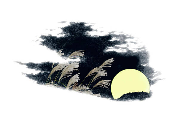 White Background Art Print featuring the digital art Silver Grass And Full Moon #1 by Norio Sato/a.collectionrf