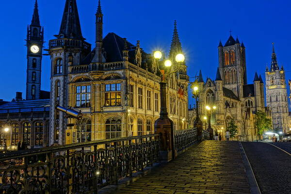 Ghent Art Print featuring the photograph St. Michael's Bridge at Blue Hour by Patricia Caron
