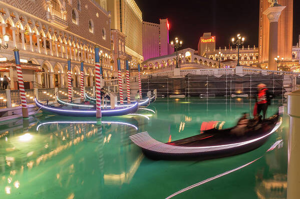 Vegas Art Print featuring the photograph Las Vegas River Gondolas At Night #2 by Alex Grichenko