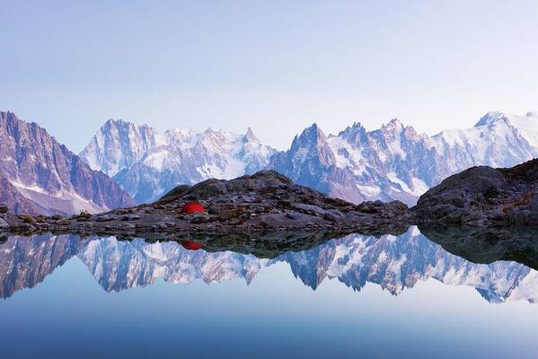 Landscape Art Print featuring the photograph Red Tent On Lac Blanc Lake Coast #3 by Ivan Kmit
