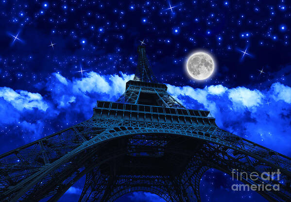 Tour Eiffel Art Print featuring the photograph Tour Eiffel at night with fullmoon #3 by Benny Marty