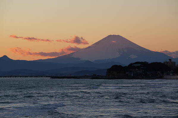 Scenics Art Print featuring the photograph Sunset Mt.fuji Viewed From Beach #4 by Taro Hama @ E-kamakura