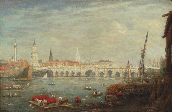 River Art Print featuring the painting The Monument And London Bridge by Frederick Nash
