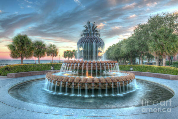 Pineapple Fountain Art Print featuring the photograph Pineapple Sunset over Charleston South Carolina by Dale Powell