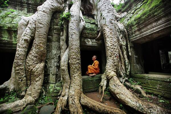 Orange Color Art Print featuring the photograph Buddhist Monk At Angkor Wat Temple #5 by Timothy Allen