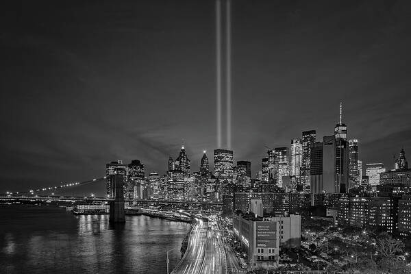 911 Memorial Art Print featuring the photograph 911 Tribute In Light In NYC BW by Susan Candelario