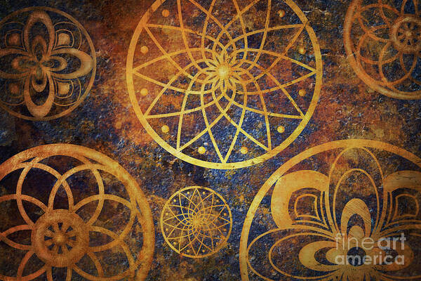 Fantasy Art Print featuring the digital art Abstract fantasy space with golden circle pattern. Art wallpaper by Jelena Jovanovic