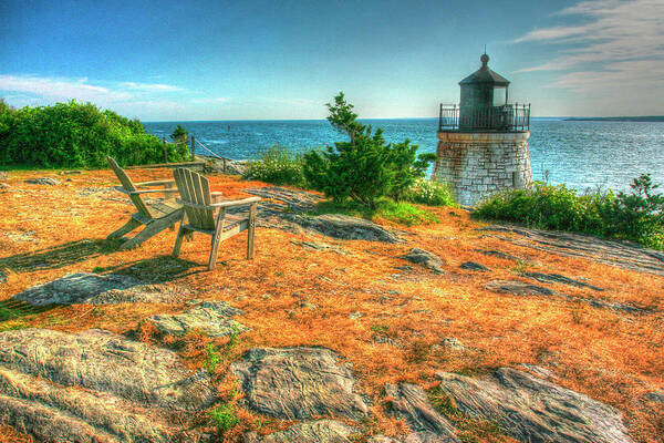 Lighthouse Art Print featuring the photograph Adirondack Chairs And Lighthouse by Robert Goldwitz