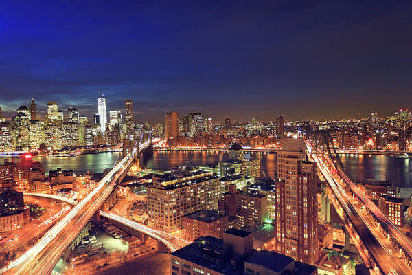 Downtown District Art Print featuring the photograph Aerial View Of New York City By Night by Pawel.gaul