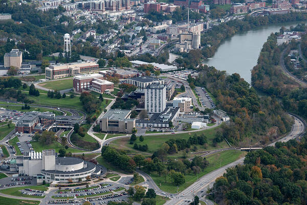 Wvu Art Print featuring the photograph Aerials of Evansdale Campus with Engineering Buildings and CAC and Monongahela River by Dan Friend