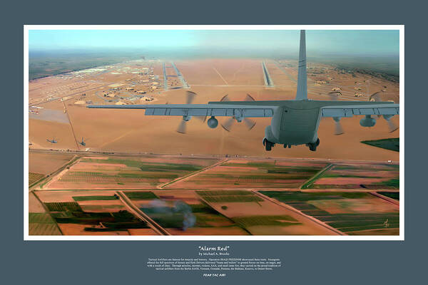 C-130 Art Print featuring the digital art Alarm Red with Faux Firefly Blue Matting by Michael Brooks