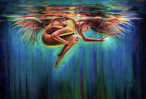 Aquarian Rebirth Woman Underwater Emotional Receptive Sensitive Lotus Sacred Divine Feminine Water Watercolor Floating Age Of Aquarius Fetal Position Goddess Spiritual Consciousness Moss Curled Up Long Hair Flowing Reflection Mermaid Awakening Rebirth Inner Journey Going Within Internal World Holding Breath Peace Love Gentle Beauty Swimming Floating Ethereal Whimsical Peaceful Quiet Enlightenment Art Print featuring the painting Aquarian Rebirth by Robyn Chance