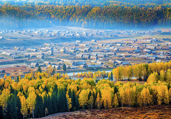 Tranquility Art Print featuring the photograph Autumn Scenery, Hemu Village, Xinjiang by Feng Wei Photography