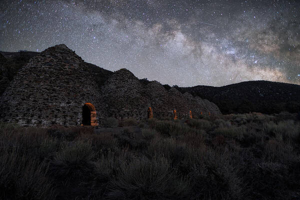 Milky Way Death Valley Charcoal Mine Grass Art Print featuring the photograph Back To Death Valley In 1800s by Jinghua Li