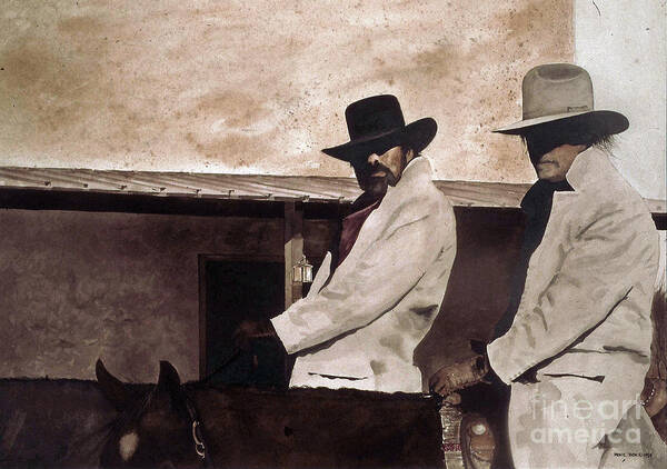Two Questionable Cowboys Ride In To Town. Art Print featuring the painting Bad News by Monte Toon