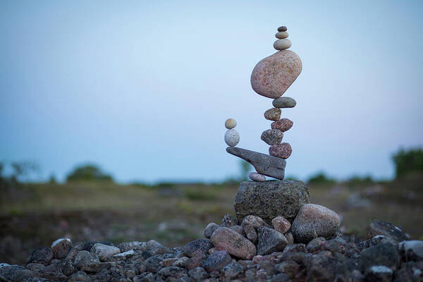 Meditation Zen Yoga Mindfulness Stones Nature Land Art Balancing Sweden Art Print featuring the sculpture Balancing art #43 by Pontus Jansson