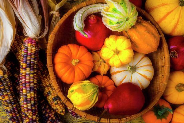 Basket Art Print featuring the photograph Basket Of Autumn Fruits And Gourds by Garry Gay