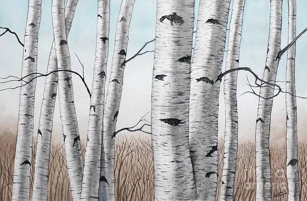 Birch Art Print featuring the painting Birch Trees in Early Winter in Watercolor by Christopher Shellhammer