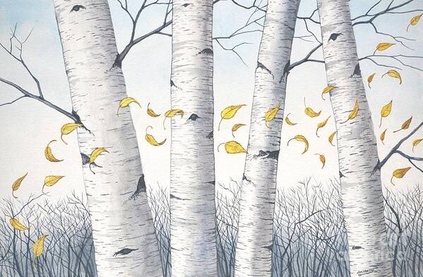 Birch Art Print featuring the painting Birch Trees with flowing leaves in watercolor by Christopher Shellhammer