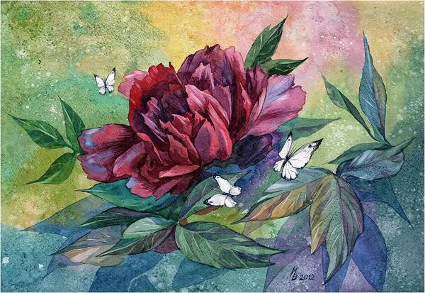 Russian Artists New Wave Art Print featuring the painting Black Peony Flower and Butterflies by Ina Petrashkevich