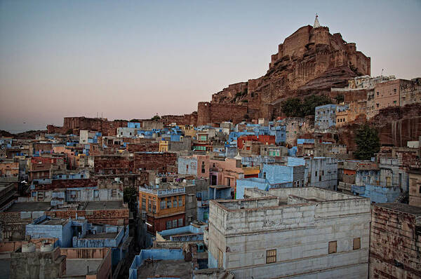 Clear Sky Art Print featuring the photograph Blue City Of Jodhpur At Dusk by Rachel Carbonell