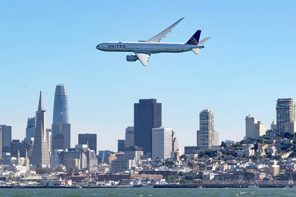 Airplane Art Print featuring the photograph Boeing 777 and SF Skyline by Rick Pisio
