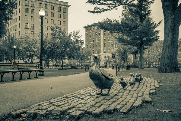 America Art Print featuring the photograph Boston Public Garden and Make Way For Ducklings Statues in Sepia by Gregory Ballos