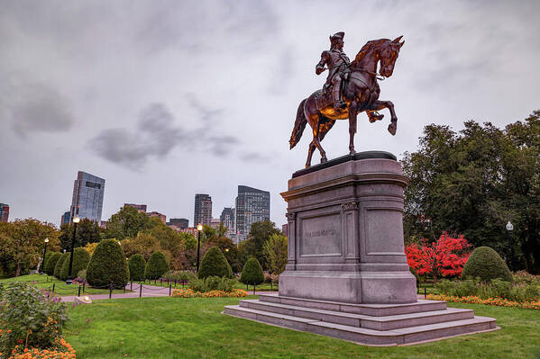 Boston Skyline Art Print featuring the photograph Boston Skyline and George Washington Statue in Autumn by Gregory Ballos