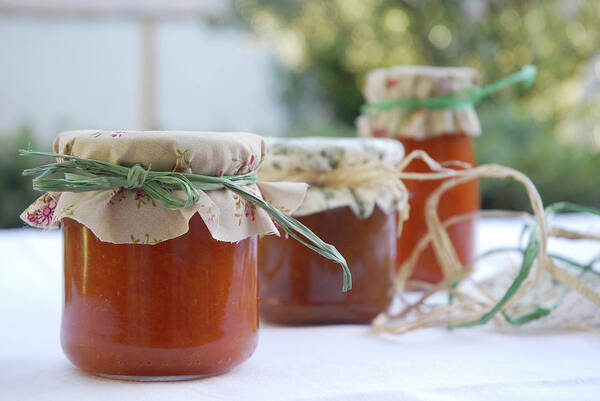 Plum Art Print featuring the photograph Bottles Of Apricot And Plum Jam by Por Cristi López