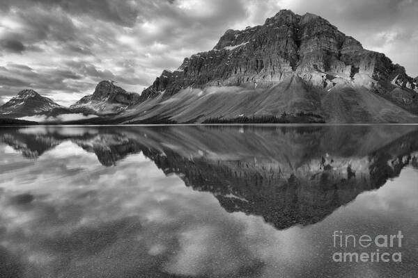 Bow Art Print featuring the photograph Bow Lake Stormy Summer Sunrise Reflections Black And White by Adam Jewell