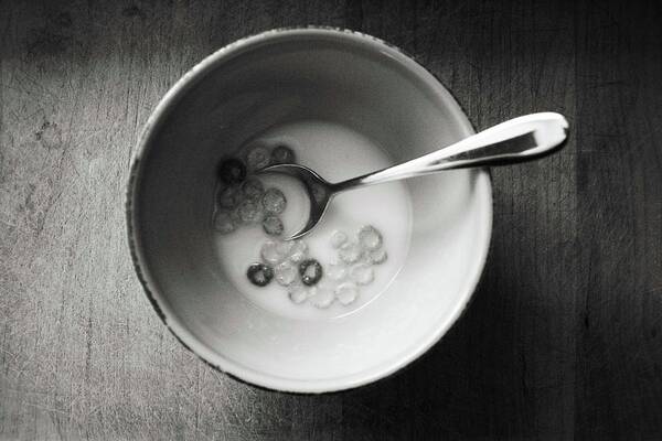 Milk Art Print featuring the photograph Bowl Of Cereal With Spoon by Linda Woods