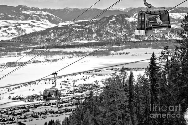 Jackson Hole Art Print featuring the photograph Bridger Gondola Cable Cars Black And White by Adam Jewell