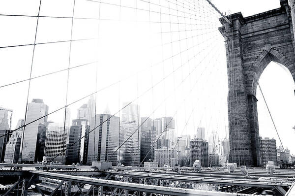 Downtown District Art Print featuring the photograph Brooklyn Bridge Black And White by Mikeylpt
