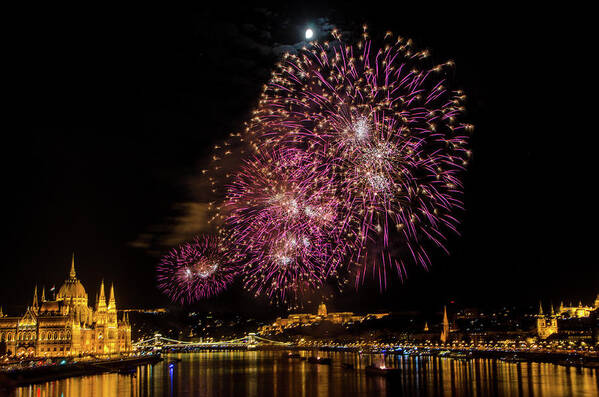 Fireworks Art Print featuring the photograph Budapest Fireworks by Tito Slack