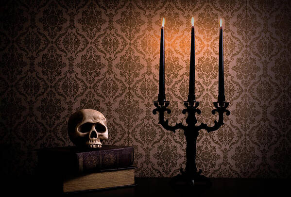 Shadow Art Print featuring the photograph Candelabra With Spooky Halloween Skull by Quavondo