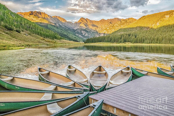 Canoe Art Print featuring the photograph Canoes at Sunset by Melissa Lipton
