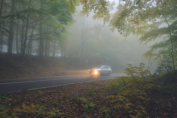 Landscape Art Print featuring the photograph Car Drivinig On A Country Asphalt Road by Daniel Chetroni