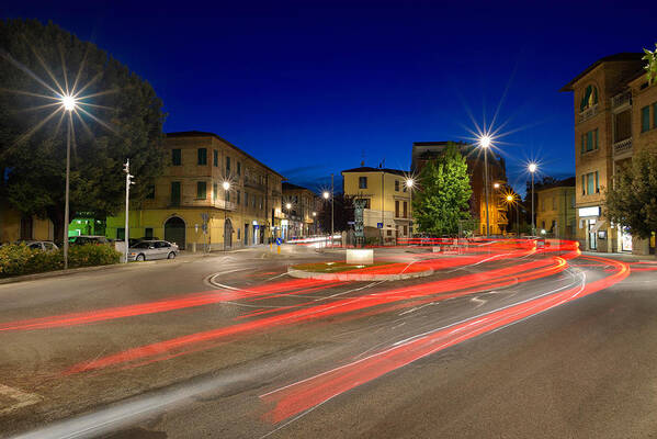 City Art Print featuring the photograph Car Light Trails On The Crossroad by Daniel Chetroni